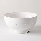 Hudson Grace white ceramic colander, 9.5"Dia x 5"H, with drainage holes and a footed base.