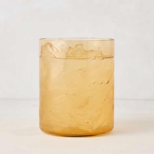 Hugo Amber Double Old Fashioned Glass, sleek amber glass, 3.25"Dia x 4"H, handmade in Poland.