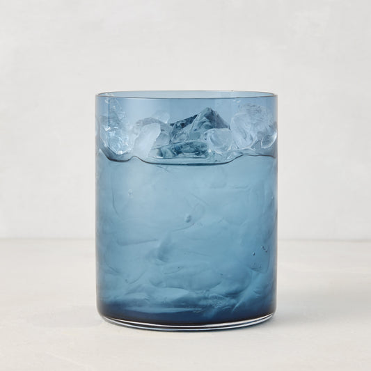 Hugo Lupine Blue Double Old Fashioned Glass filled with ice and a drink, 3.25"Dia x 4"H.