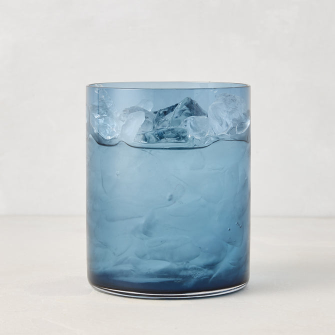 Hugo Lupine Blue Double Old Fashioned Glass filled with ice and a drink, 3.25"Dia x 4"H.