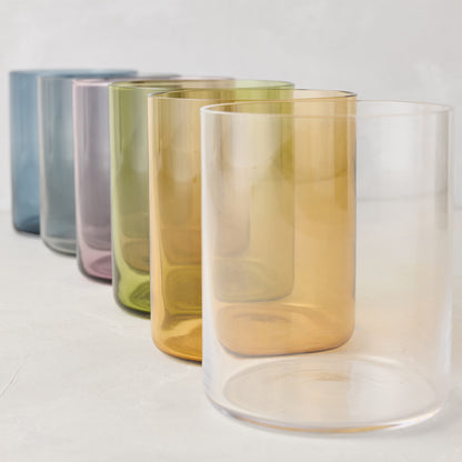 Hugo Smoke Grey Double Old Fashioned Glass, clear, amber, green, purple, and blue colored glasses.