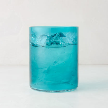 Hugo Turquoise Double Old Fashioned Glass, 3.25"Dia x 4"H, with ice. Handmade in Poland.