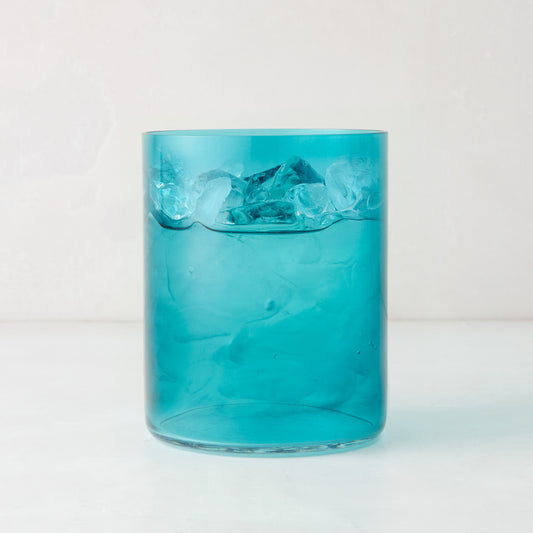 Hugo Turquoise Double Old Fashioned Glass, 3.25"Dia x 4"H, with ice. Handmade in Poland.