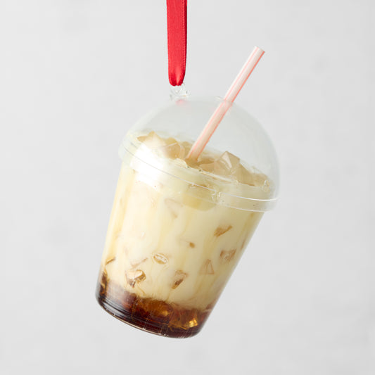 Hand-painted glass and resin iced coffee ornament with a red ribbon, straw, and ice cubes.