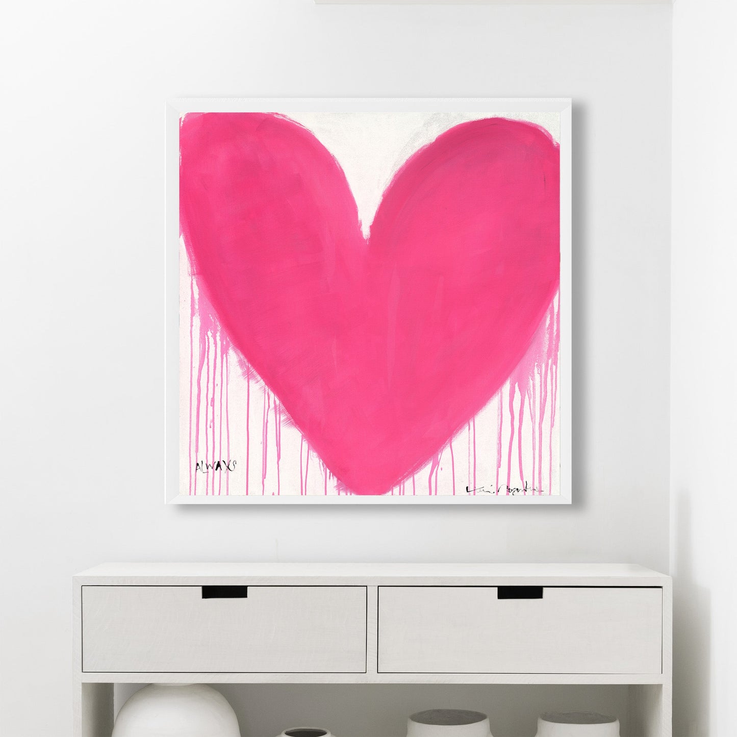 Kerri Rosenthal "In My Heart" art print: large pink drippy heart on white, framed in matte white.