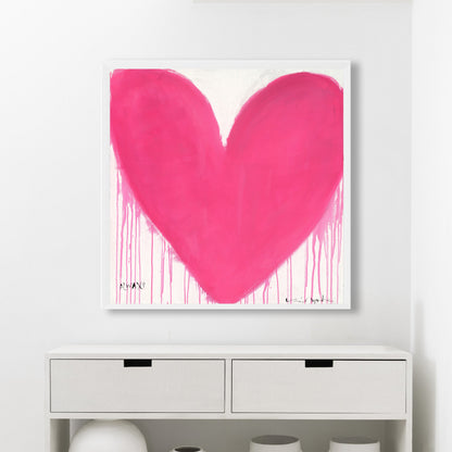 Kerri Rosenthal "In My Heart" art print: large pink drippy heart on white, framed in matte white.