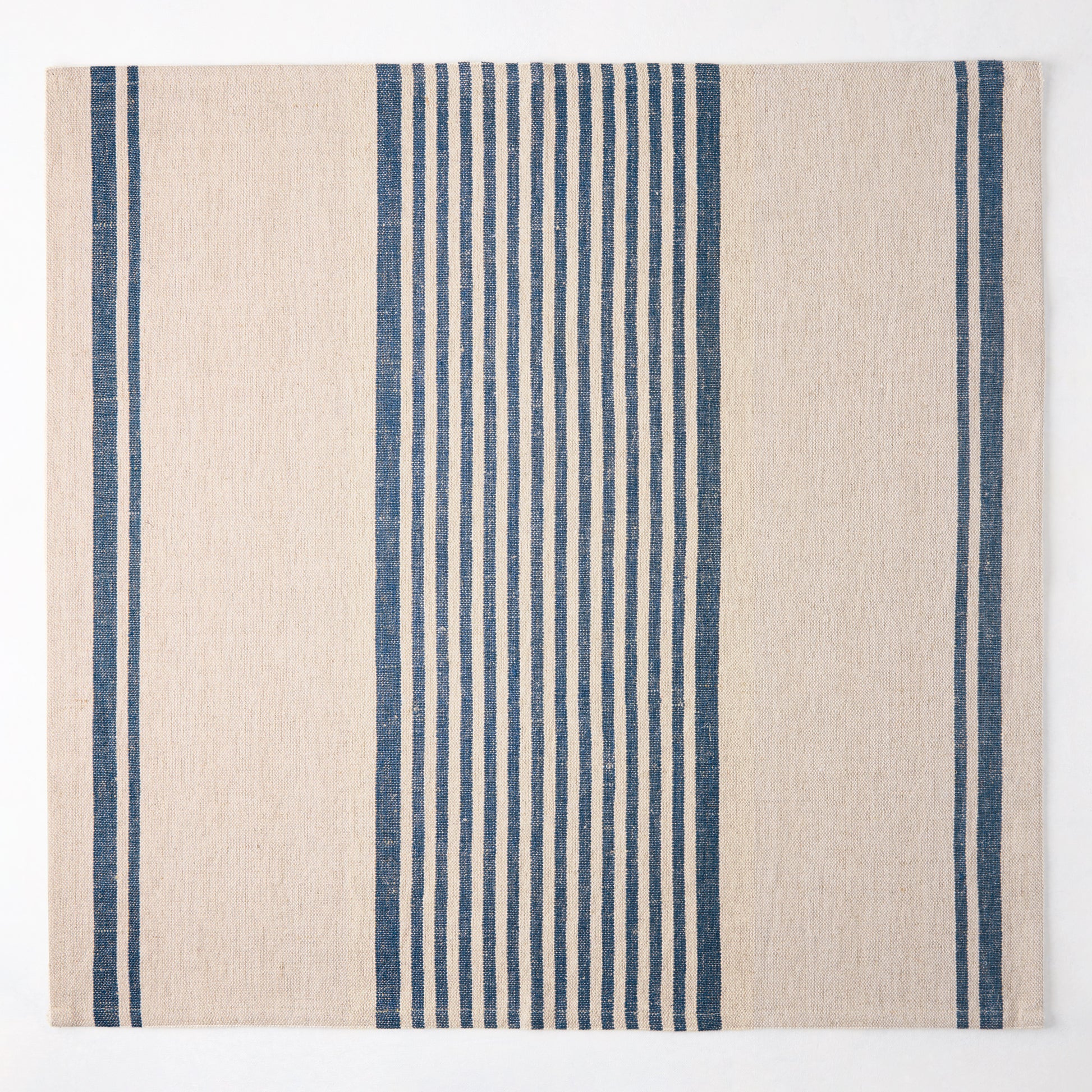 Indigo blue boat stripe natural cotton linen napkin, 22" square.