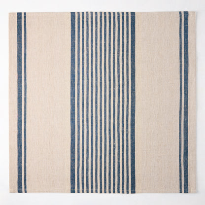 Indigo blue boat stripe natural cotton linen napkin, 22" square.