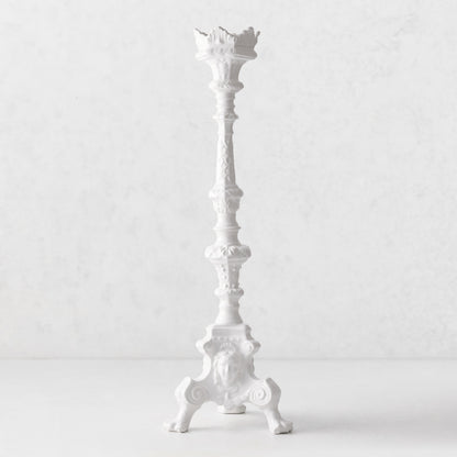20.5-inch tall white Italian ceramic footed candlestick with intricate antique-inspired detailing.