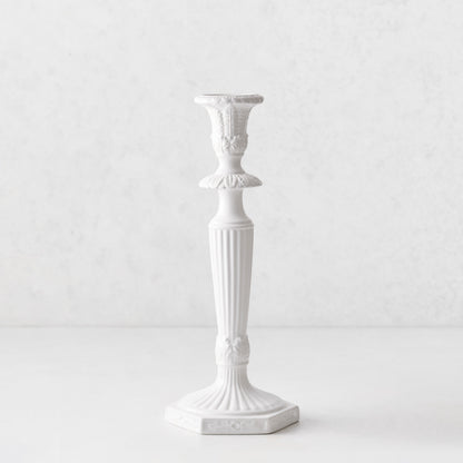 Small white Italian ceramic candlestick with intricate antique-style detailing and a fluted base, 13 inches tall.