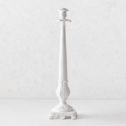 Tall white Italian ceramic candlestick with intricate antique-style detailing and a tapered silhouette, 20.5 inches high.