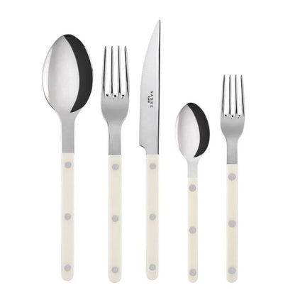 Ivory Bistro 5-piece flatware set with stainless steel and cream acrylic handles.