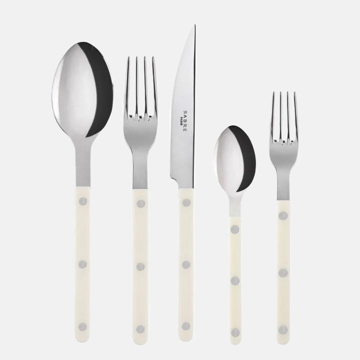 Ivory Bistro 5-piece flatware set with stainless steel and acrylic handles.