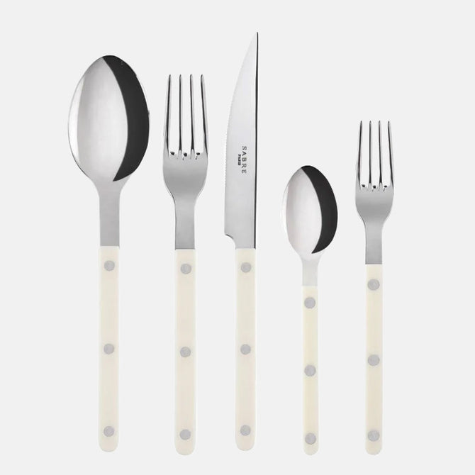Ivory Bistro 5-piece flatware set with stainless steel and acrylic handles.