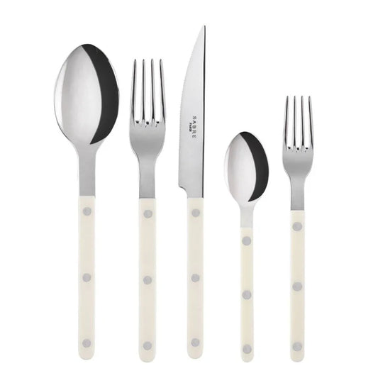 Ivory Bistro 5-piece flatware set with stainless steel and cream acrylic handles.