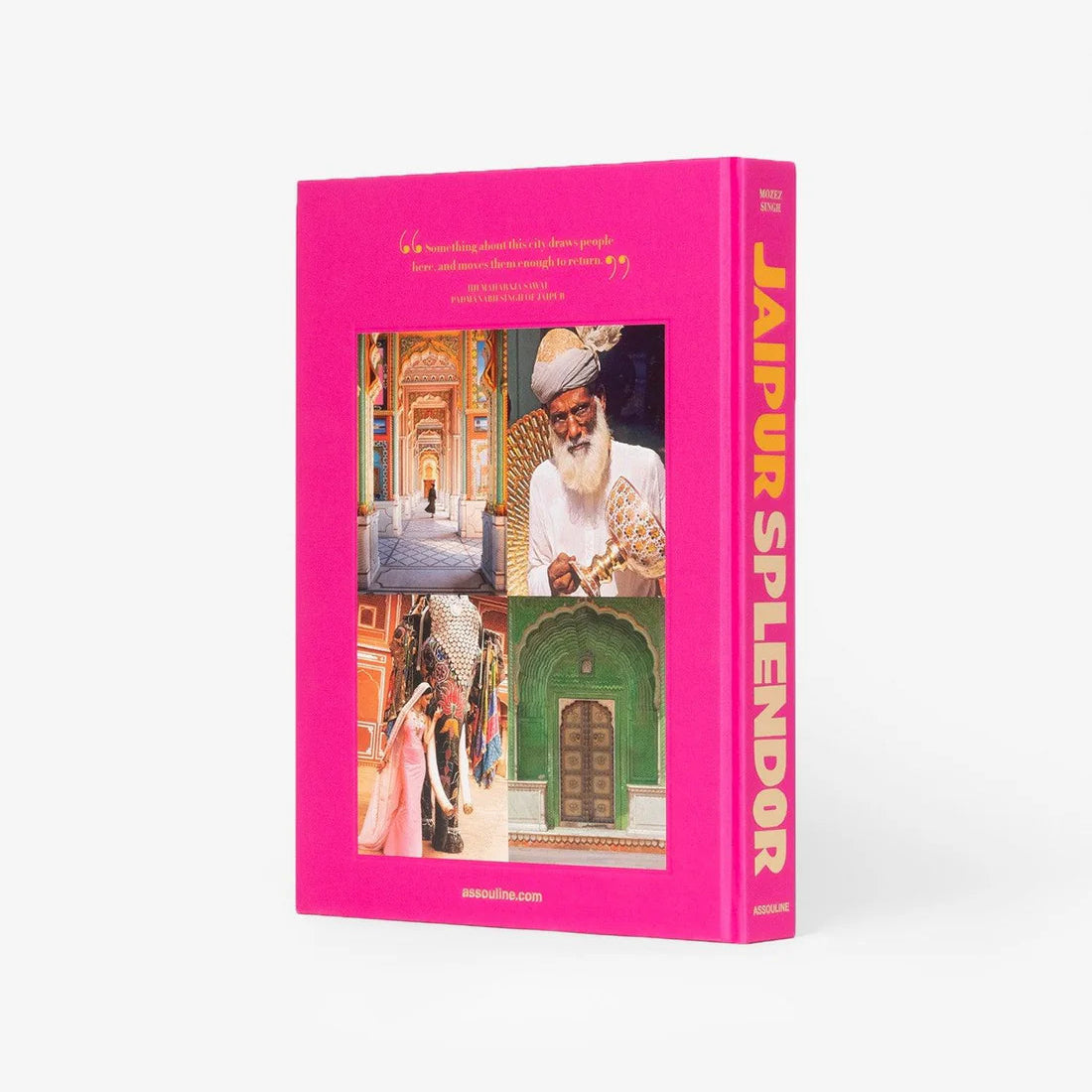 Hardcover book "Jaipur Splendor" with a vibrant pink cover, yellow spine text, and four image panels.