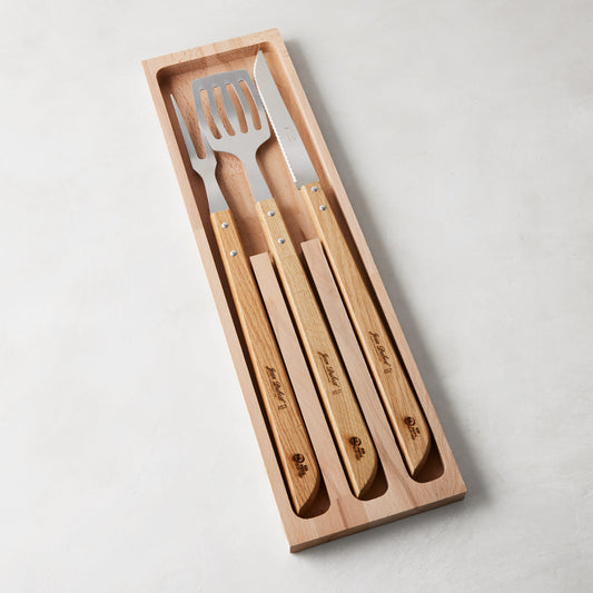 Jean Dubost 3-piece BBQ tool set: stainless steel fork, spatula, knife with light wood handles in a wood box.