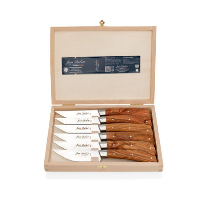 Jean Dubost Laguiole olive wood steak knives, set of 6, in a light wood gift box.