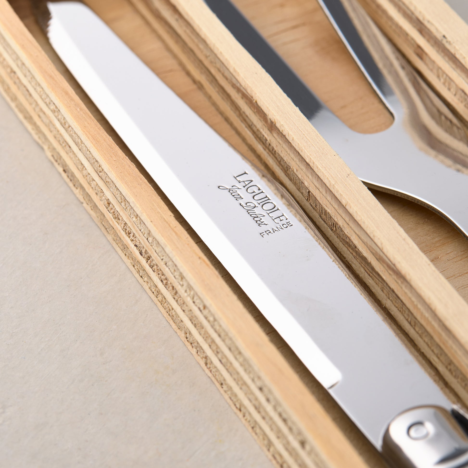 Jean Dubost Laguiole stainless steel carving knife and fork in a light wooden box.