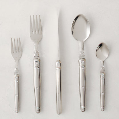 Jean Dubost Laguiole 5-piece stainless steel flatware set with iconic bee emblem.