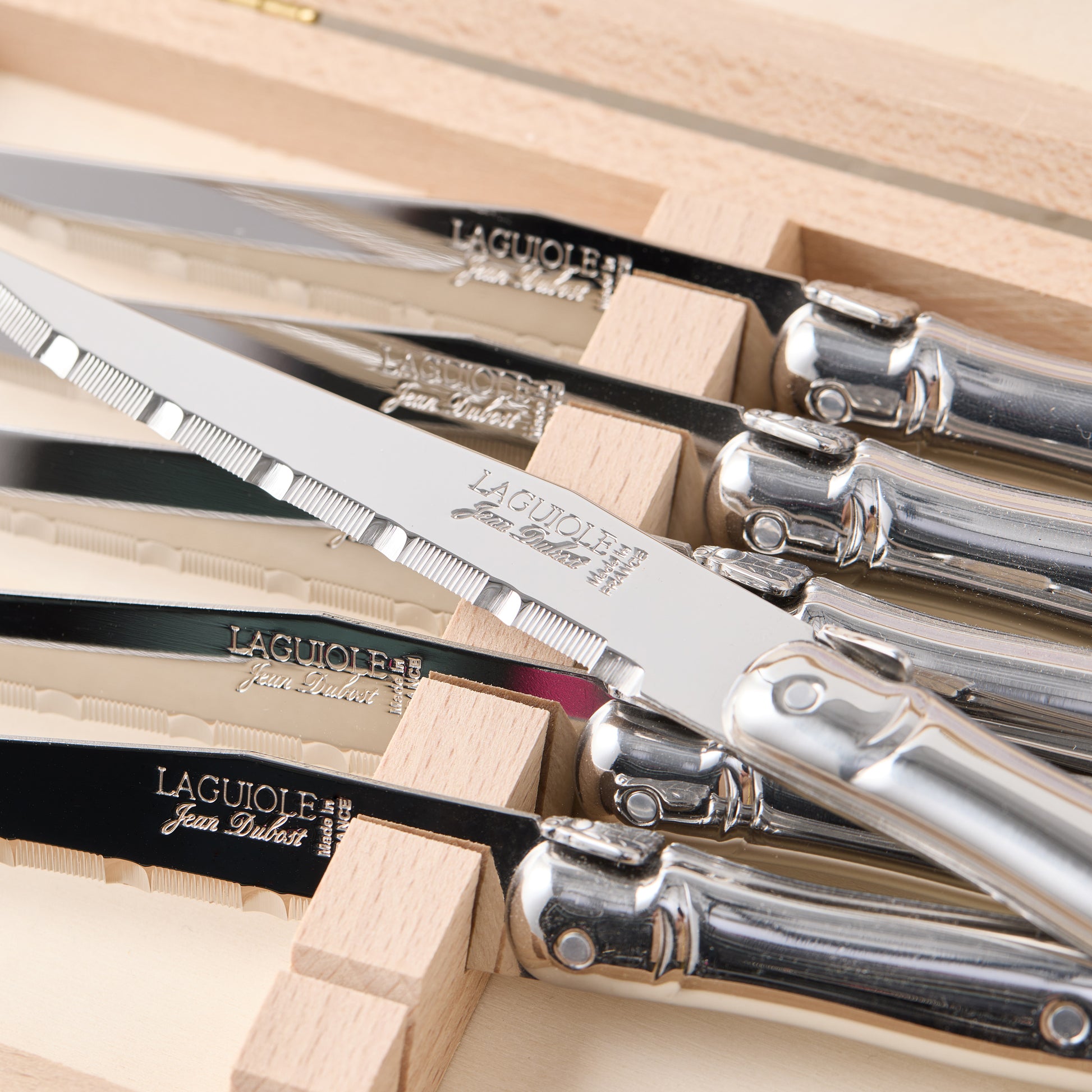 Jean Dubost Laguiole stainless steel table knives with serrated blades in a wooden storage box.