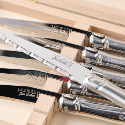 Jean Dubost Laguiole stainless steel table knives with serrated blades in a wooden storage box.