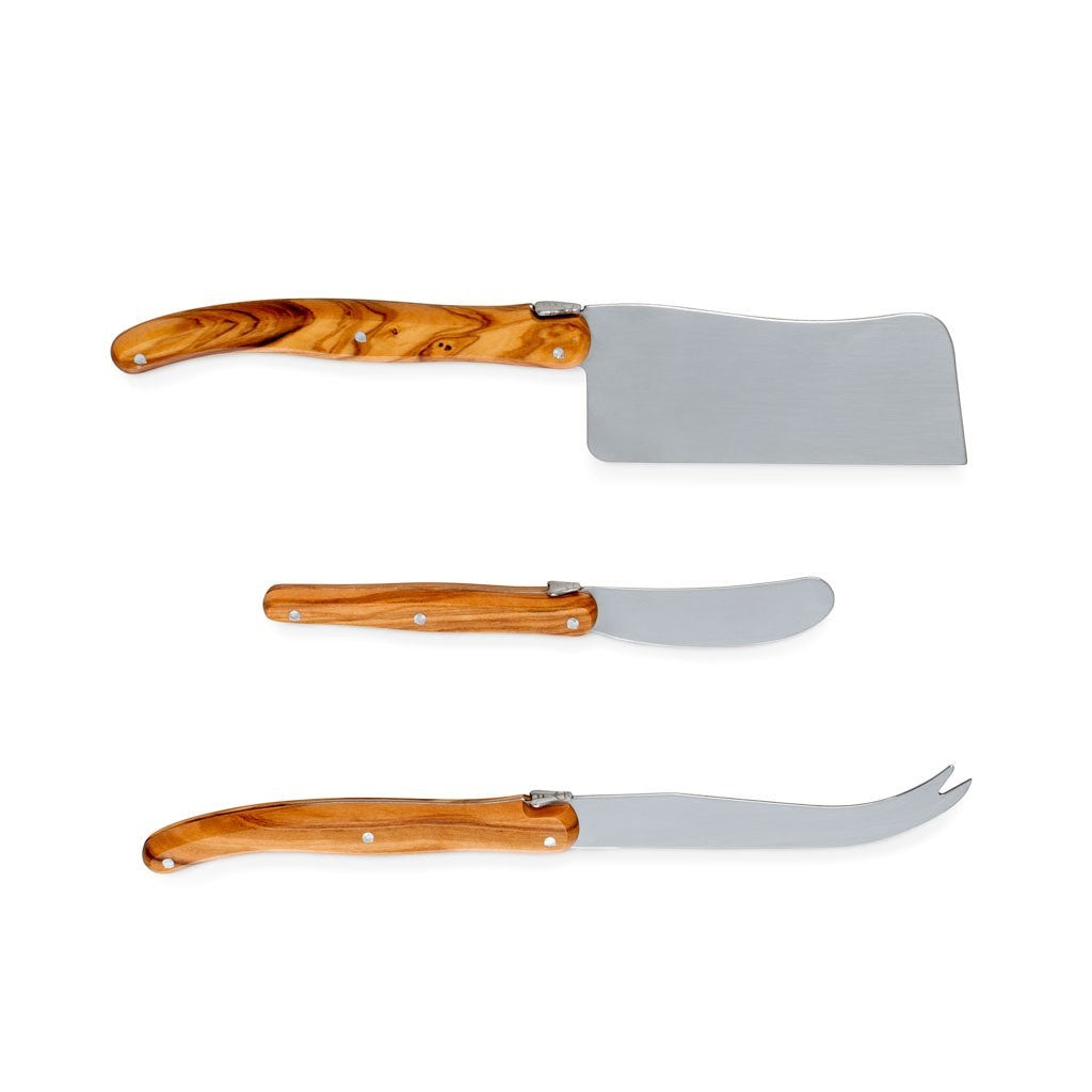 Jean Dubost Olive Wood 3-piece cheese knife set: cleaver, spreader, and pronged knife with stainless steel blades.