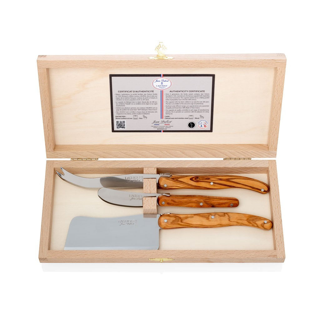 Jean Dubost Olive Wood 3-piece cheese knife set in a wooden box with certificate. Stainless steel blades, olivewood handles.
