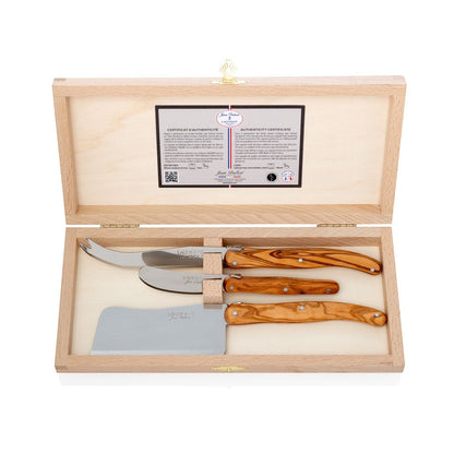 Jean Dubost Olive Wood 3-piece cheese knife set in a wooden box with certificate. Stainless steel blades, olivewood handles.