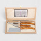 Jean Dubost Olive Wood 3-piece cheese knife set in a light wood gift box with authenticity certificate.