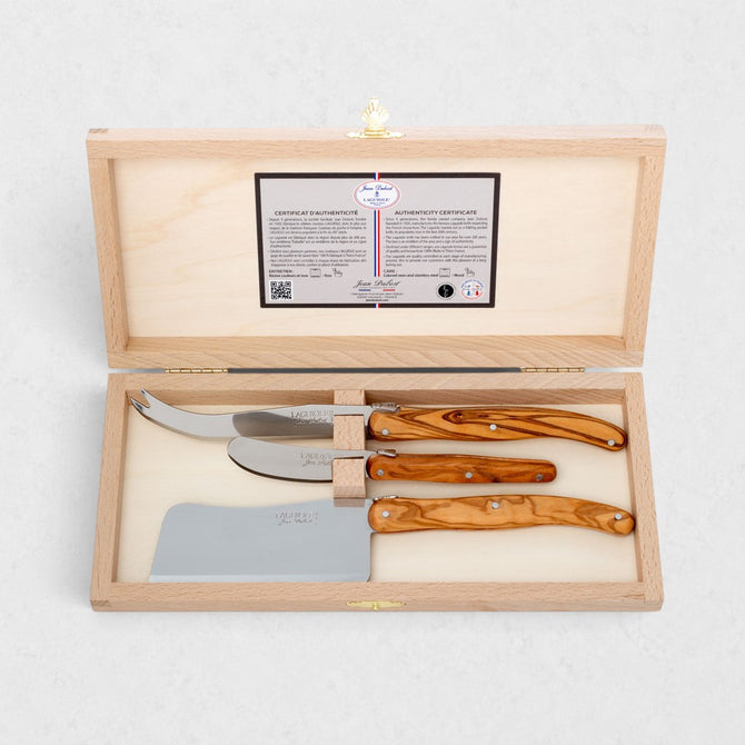Jean Dubost Olive Wood 3-piece cheese knife set in a light wood gift box with authenticity certificate.