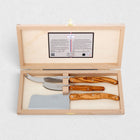 Jean Dubost Olive Wood 3-piece cheese knife set in a light wood gift box with authenticity certificate.
