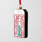 JFK Luggage Tag Christmas Tree Ornament, white, black, red, and blue glittered glass, 5.25"H.