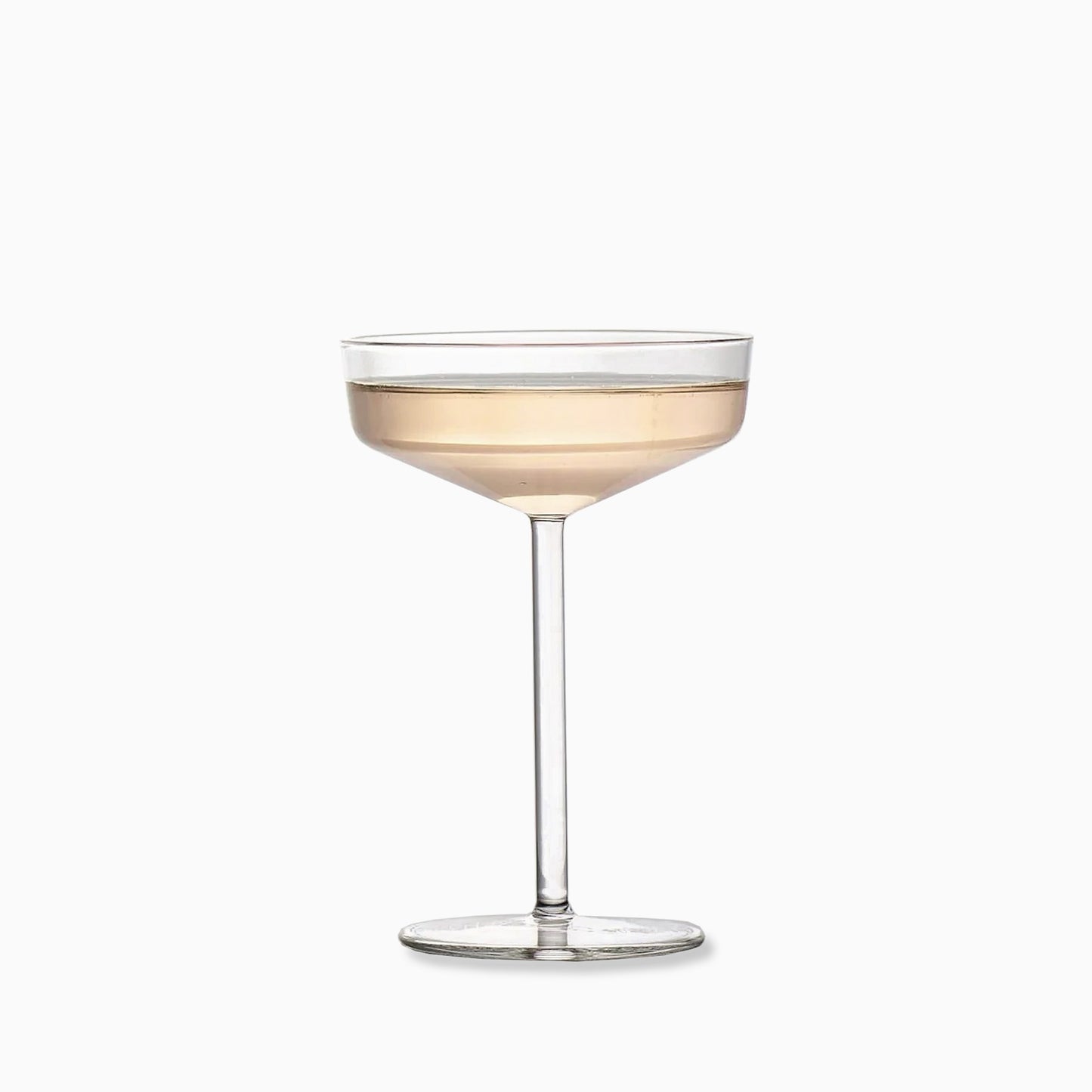 Modern clear glass coupe with a geometric bowl and thin stem, 7.5oz capacity.