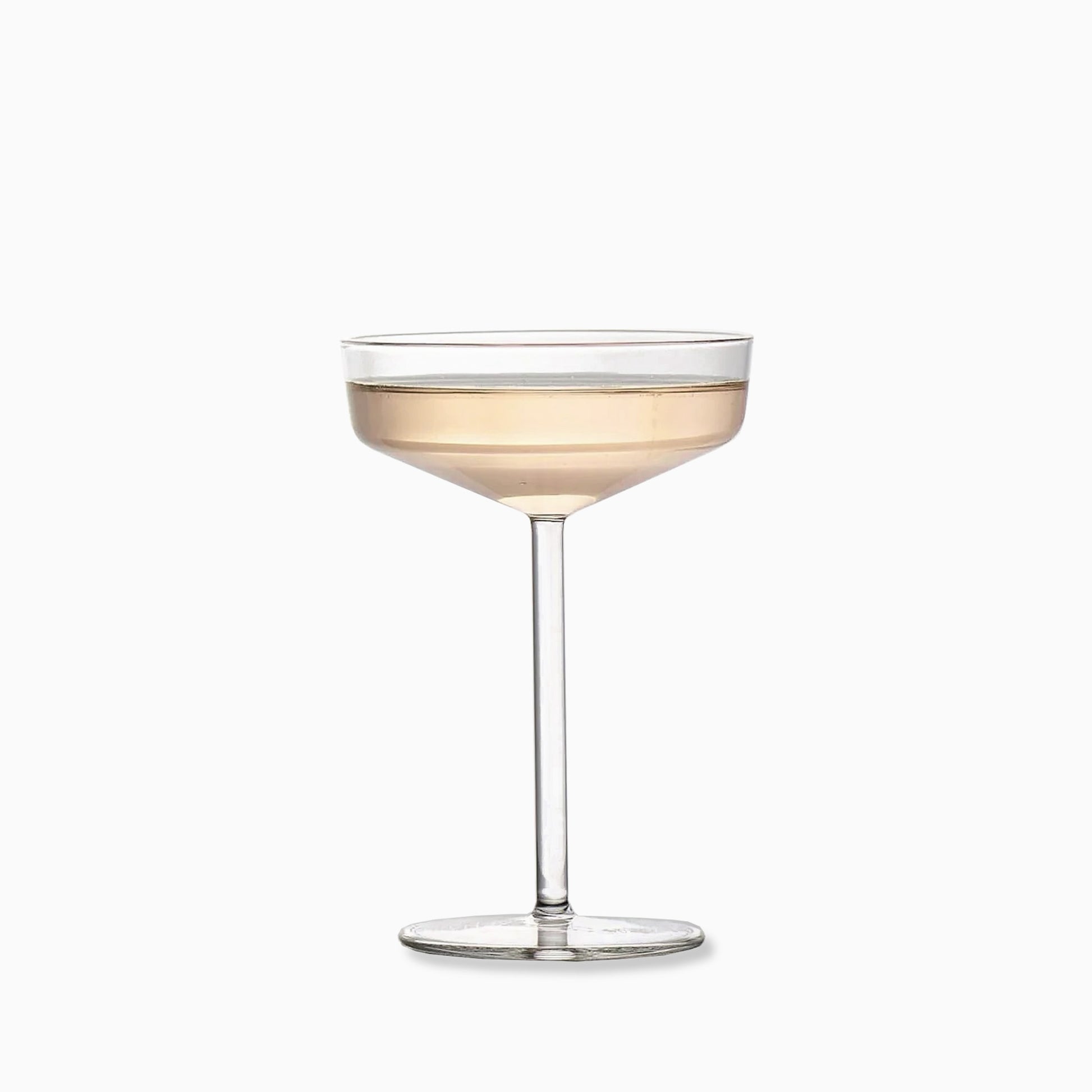 Modern clear glass coupe with a geometric bowl and thin stem, 7.5oz capacity.