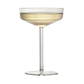 Modern clear glass coupe with a geometric bowl and thin stem, filled with a pale golden cocktail.