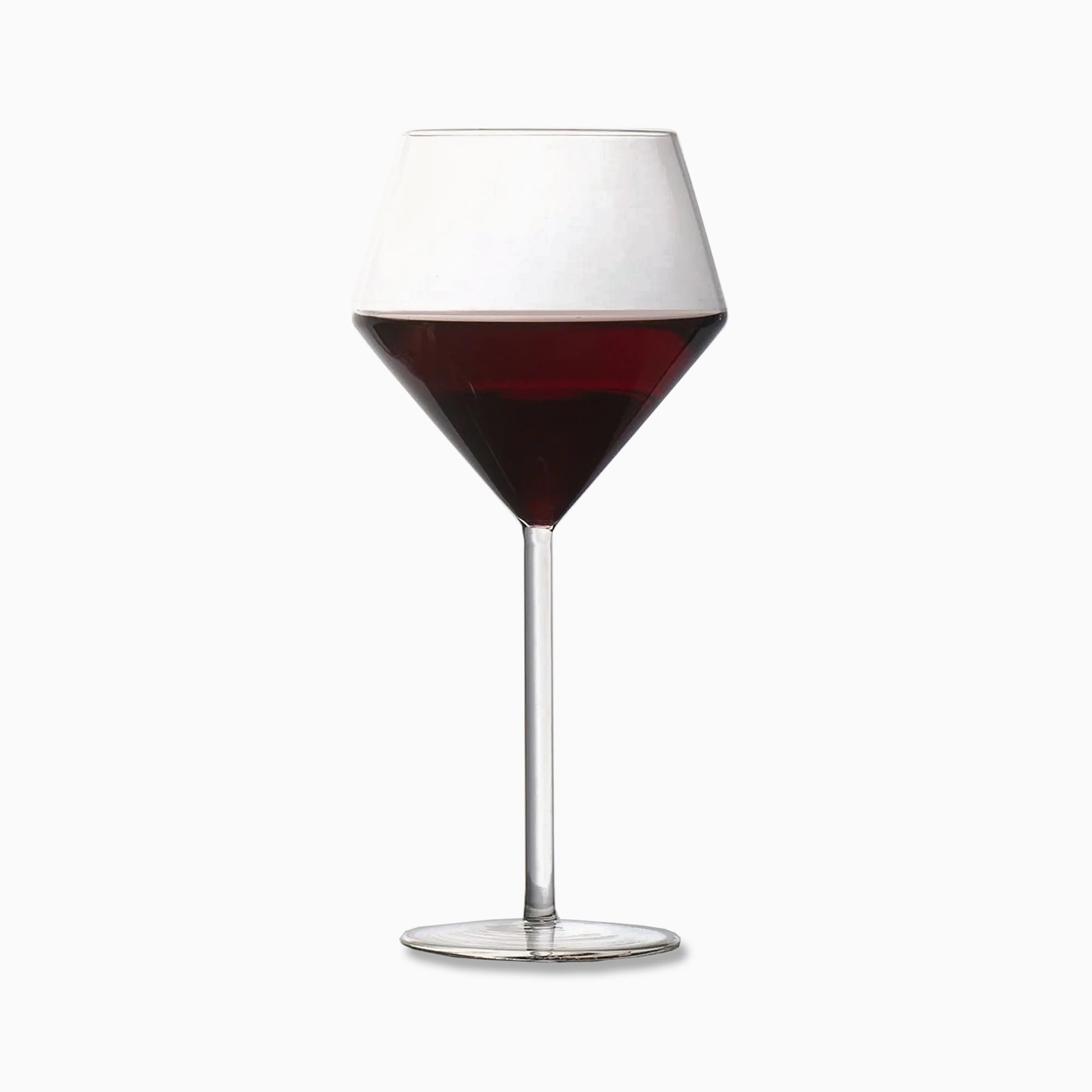 Juniper red wine glass with a geometric bowl and thin stem, 17oz clear glass design.