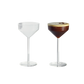 Set of two clear glass Juniper cocktail glasses with a modern geometric silhouette, one empty and one filled with espresso.