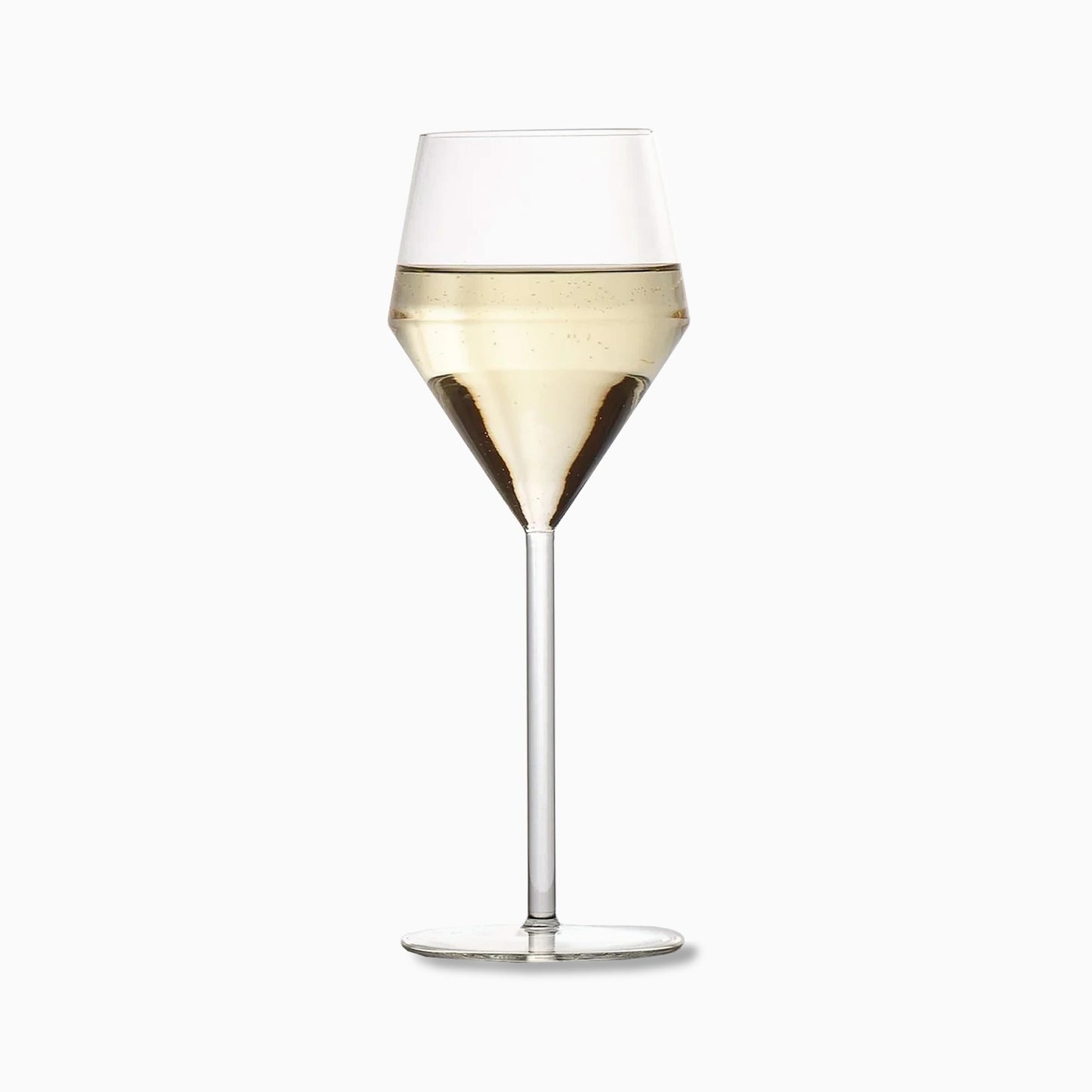 Juniper white wine glass with a geometric bowl and long, thin stem, 11.5oz clear glass design.