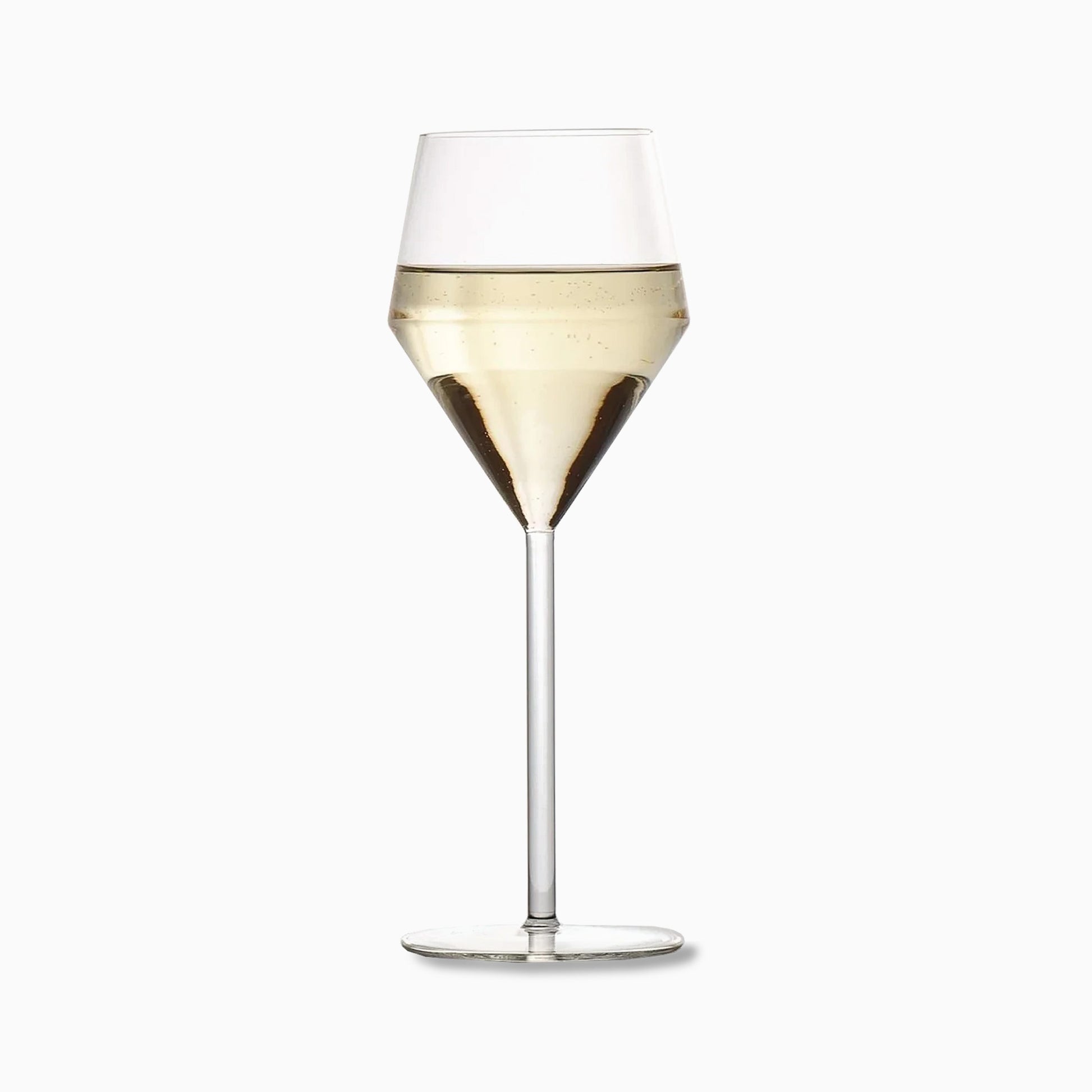 Juniper white wine glass with a geometric bowl and long, thin stem, 11.5oz clear glass design.