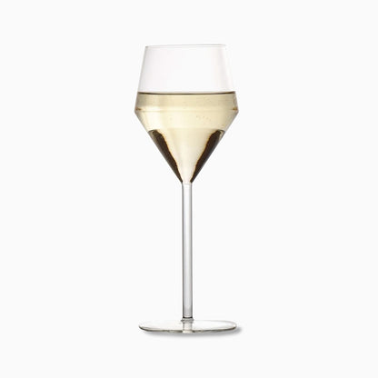 Juniper white wine glass with a geometric bowl and long, thin stem, 11.5oz clear glass design.