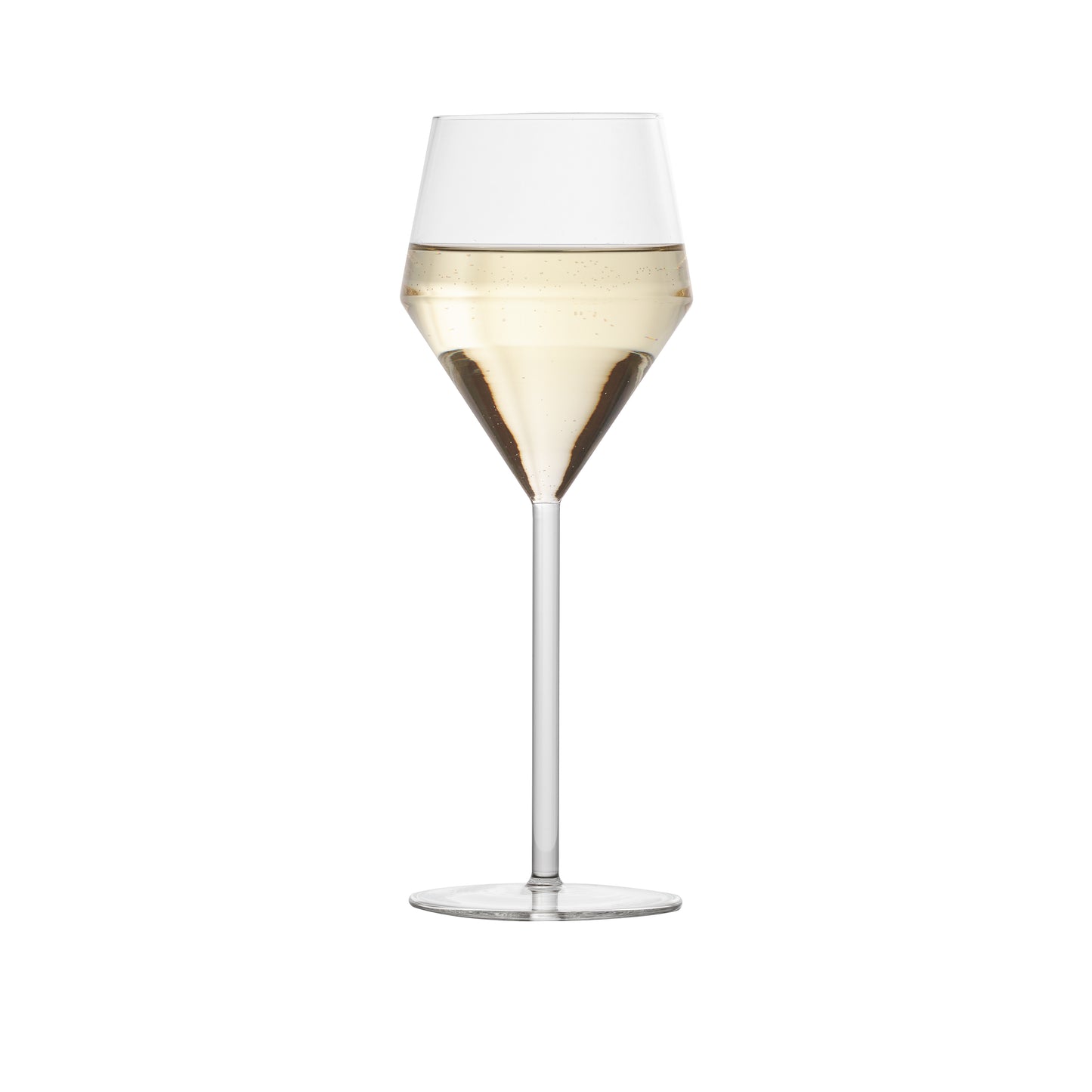 Juniper white wine glass with a geometric bowl and long, thin stem, 11.5oz clear glass design.