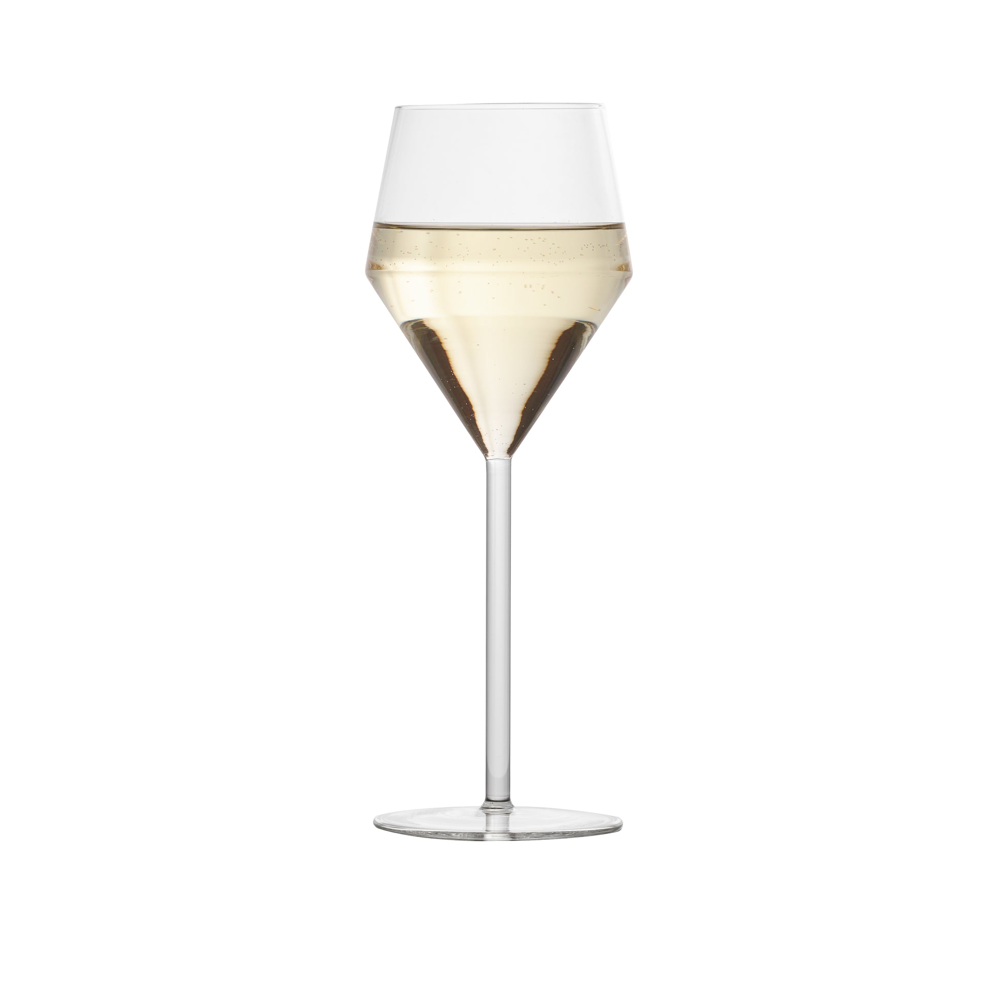 Juniper white wine glass with a geometric bowl and long, thin stem, 11.5oz clear glass design.
