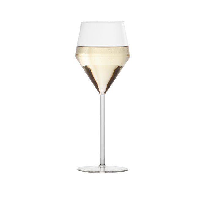 Juniper white wine glass with a geometric bowl and long, thin stem, 11.5oz clear glass design.