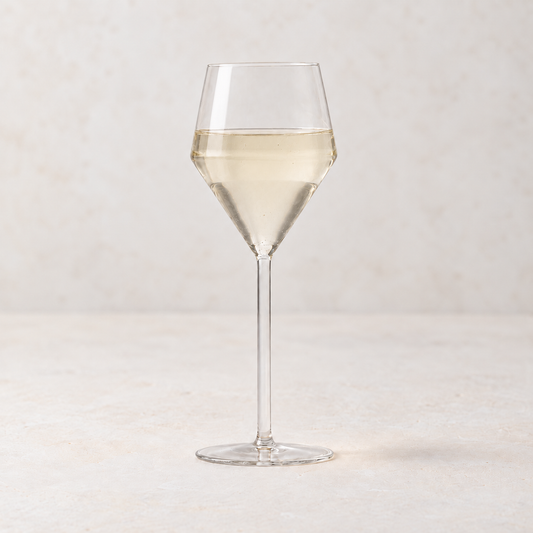 Juniper white wine glass with a geometric bowl and thin stem, 11.5oz clear glass on a neutral textured surface.