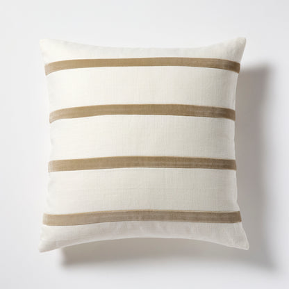 Khaki and Ivory Thin Velvet Stripe Pillow, 22" square, linen and velvet.