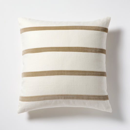 Khaki and Ivory Thin Velvet Stripe Pillow, 22" square, linen and velvet.