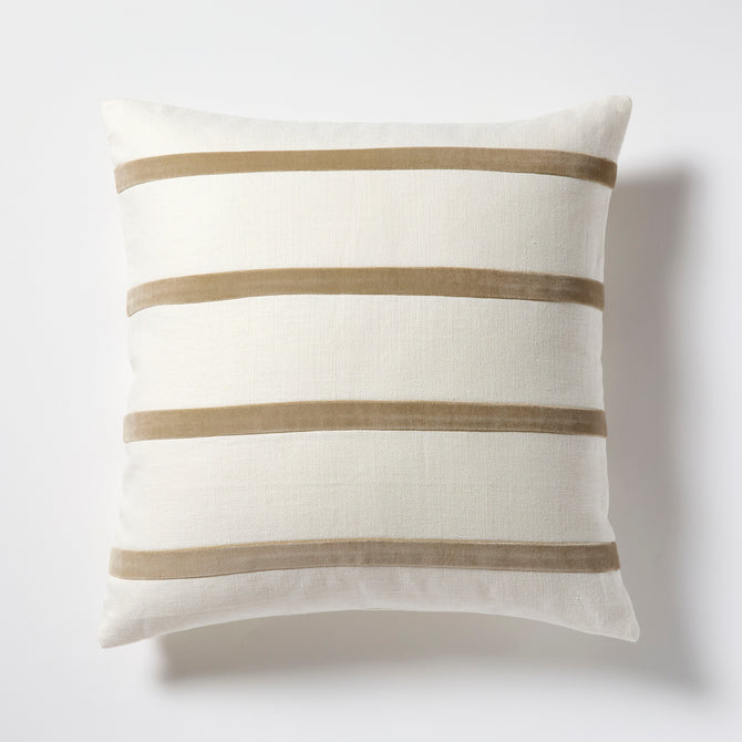 Khaki and Ivory Thin Velvet Stripe Pillow, 22" square, linen and velvet.