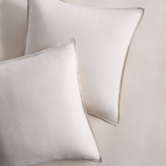 Set of two khaki European washed linen euro shams with a clean, minimalist design and piped edges.