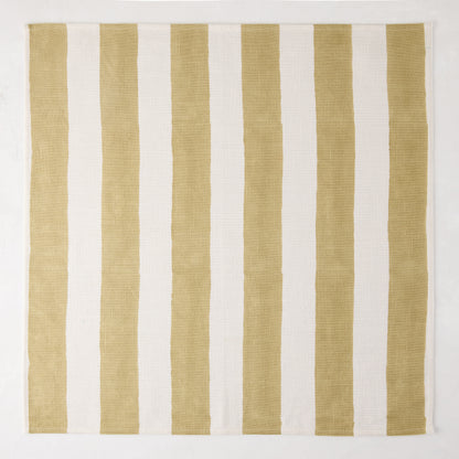Khaki Hampton Stripe Cotton Napkin, 22" square, with bold vertical khaki and white stripes.